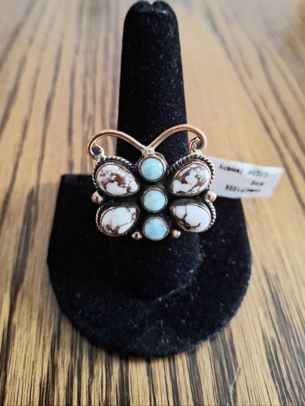 Butterfly Larimar And Wild Horse Ring On Copper Adjustable Band 6-12